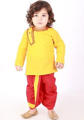 Yellow Embroidered Cotton Kurta Dhoti Set For Boys