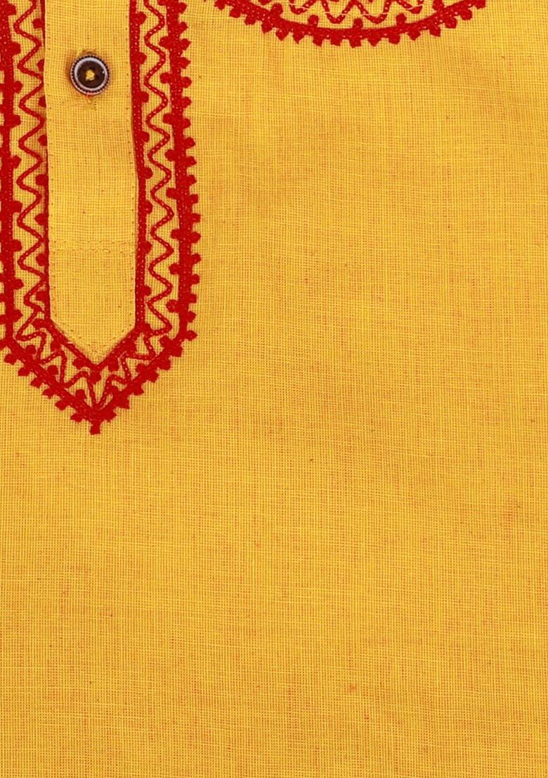 Yellow Embroidered Cotton Kurta Dhoti Set For Boys - Indya