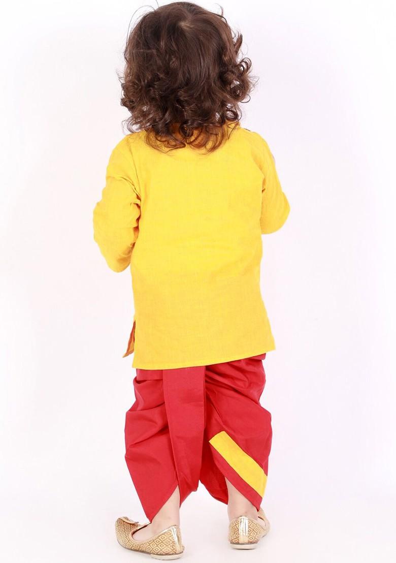 Yellow Embroidered Cotton Kurta Dhoti Set For Boys - Indya