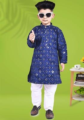 Navy Blue Embroidered Silk Kurta Set For Boys