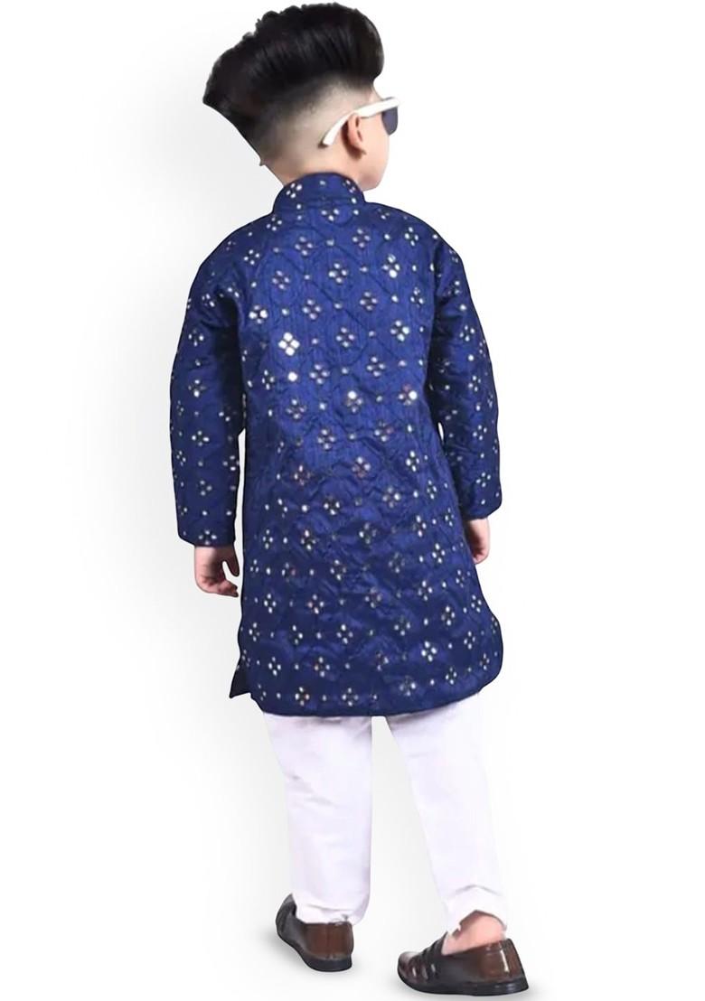 Navy Blue Embroidered Silk Kurta Set For Boys - Indya