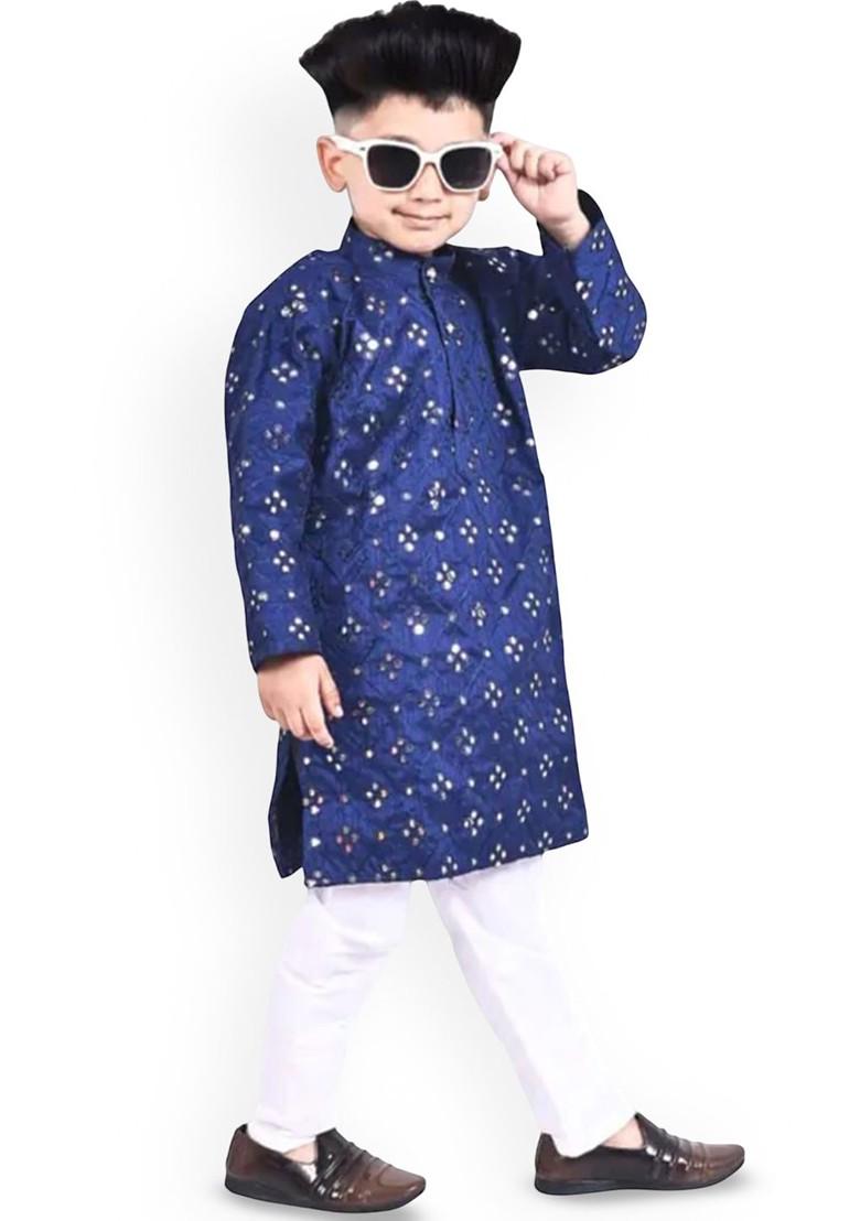 Navy Blue Embroidered Silk Kurta Set For Boys - Indya