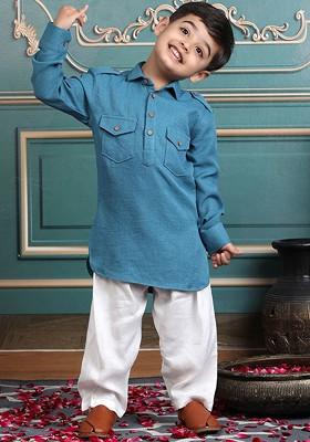 Turquoise Blue Embroidered Cotton Kurta Set For Boys