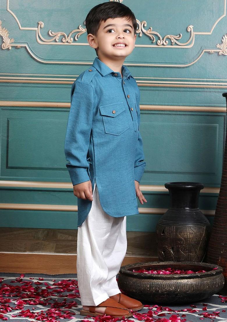 Turquoise Blue Embroidered Cotton Kurta Set For Boys - Indya