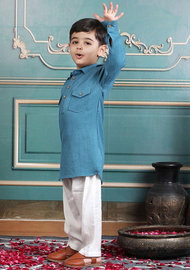Turquoise Blue Embroidered Cotton Kurta Set For Boys - Indya