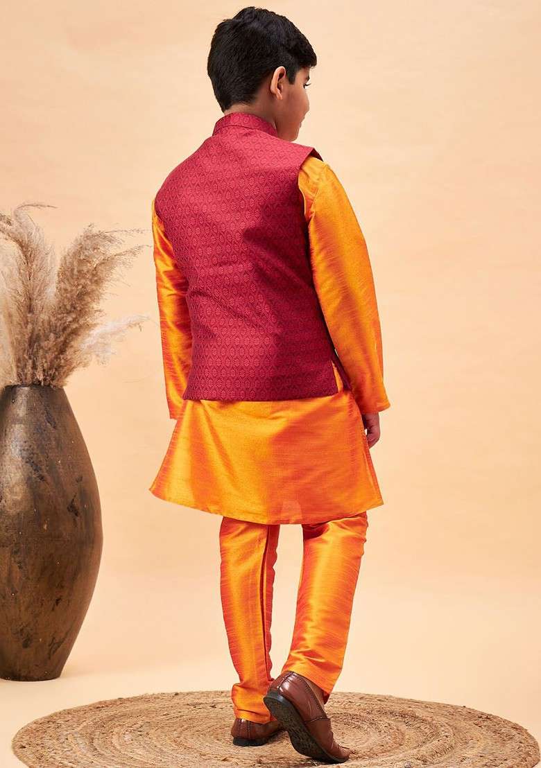 Orange Embroidered Blended Nehru Jacket Set For Boys - Indya