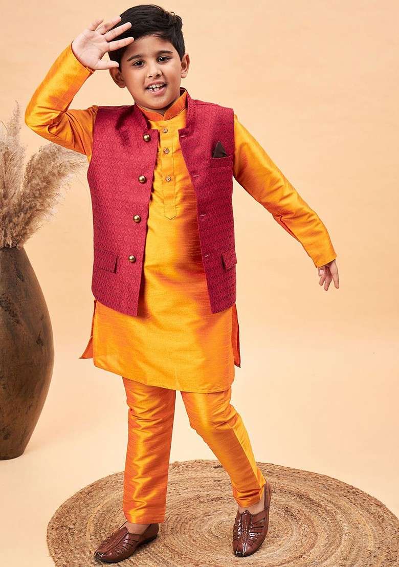 Orange Embroidered Blended Nehru Jacket Set For Boys - Indya