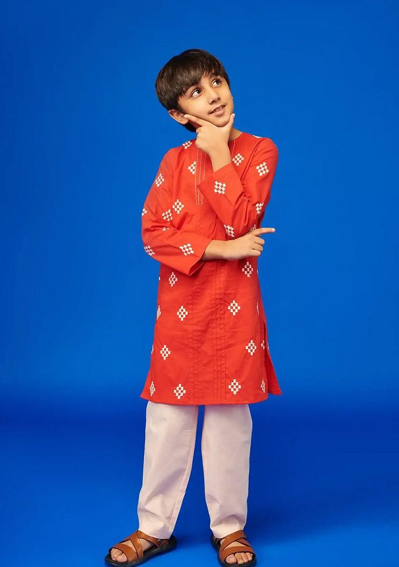 Red Embroidered Cotton Kurta Set For Boys - Indya