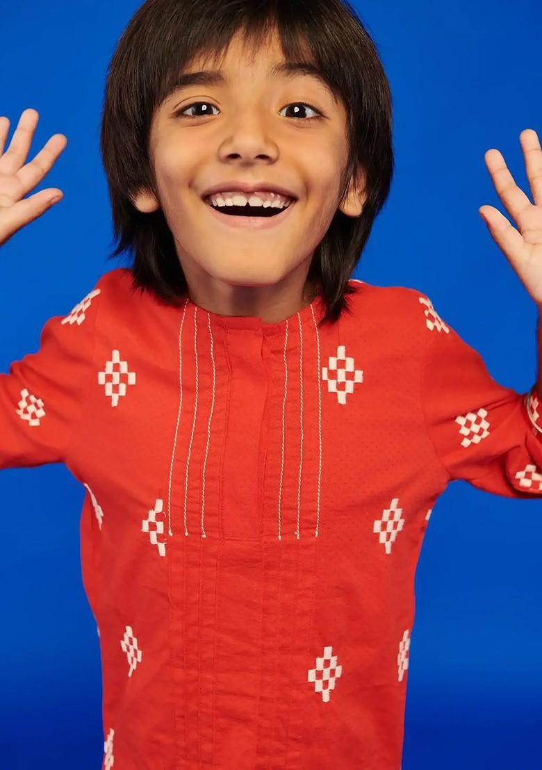 Red Embroidered Cotton Kurta Set For Boys - Indya
