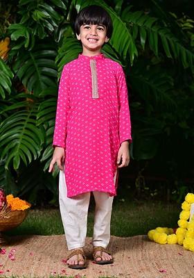 Pink Printed Blended Kurta Set For Boys