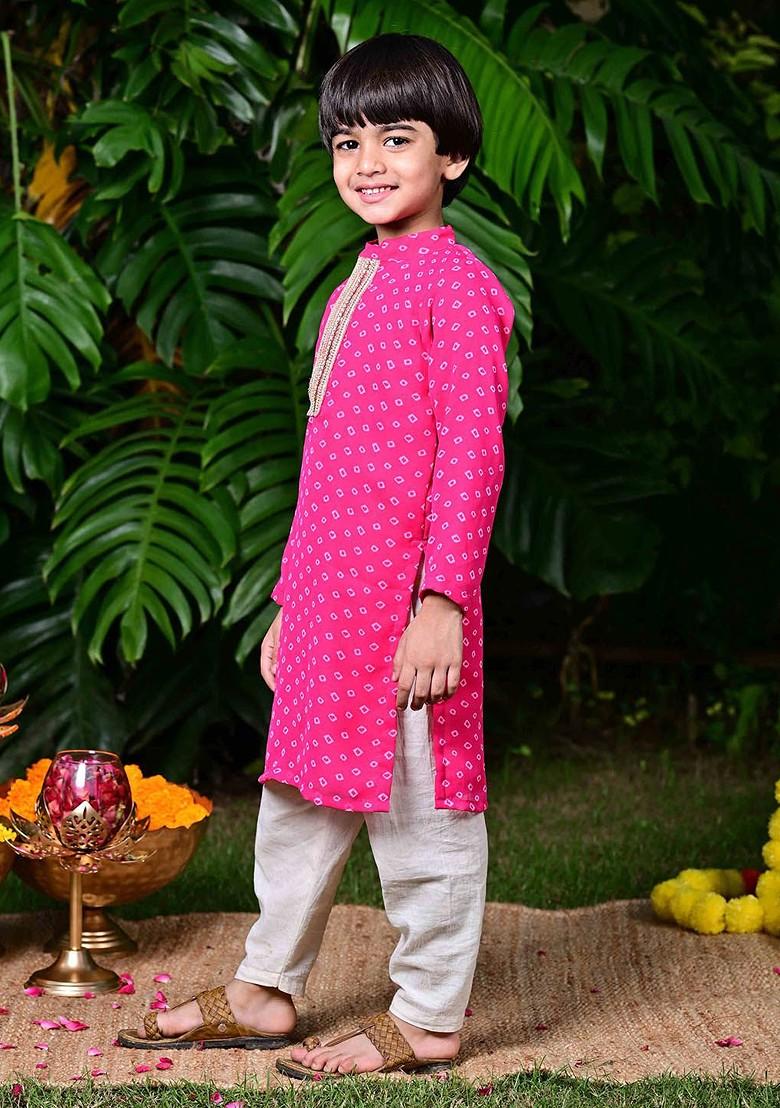 Pink Printed Blended Kurta Set For Boys - Indya