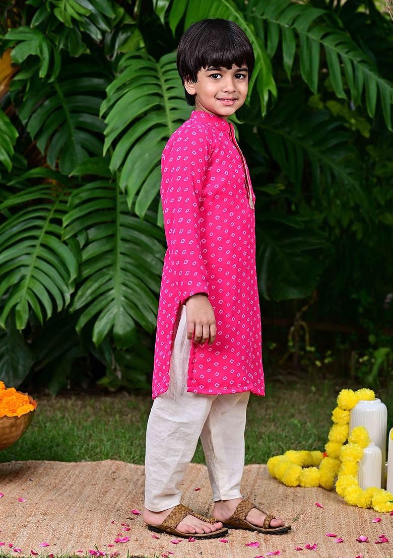 Pink Printed Blended Kurta Set For Boys - Indya