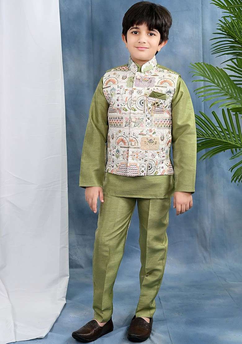 Olive Thread Work Blended Kurta Set For Boys - Indya