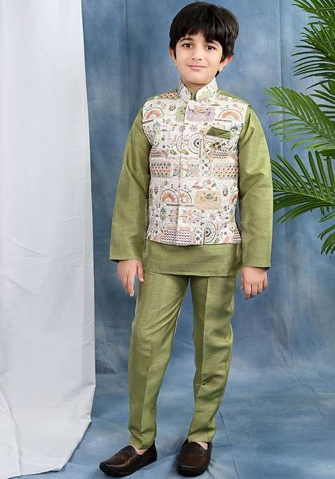Olive Thread Work Blended Kurta Set For Boys