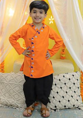 Orange Thread Work Cotton Kurta Dhoti Set For Boys