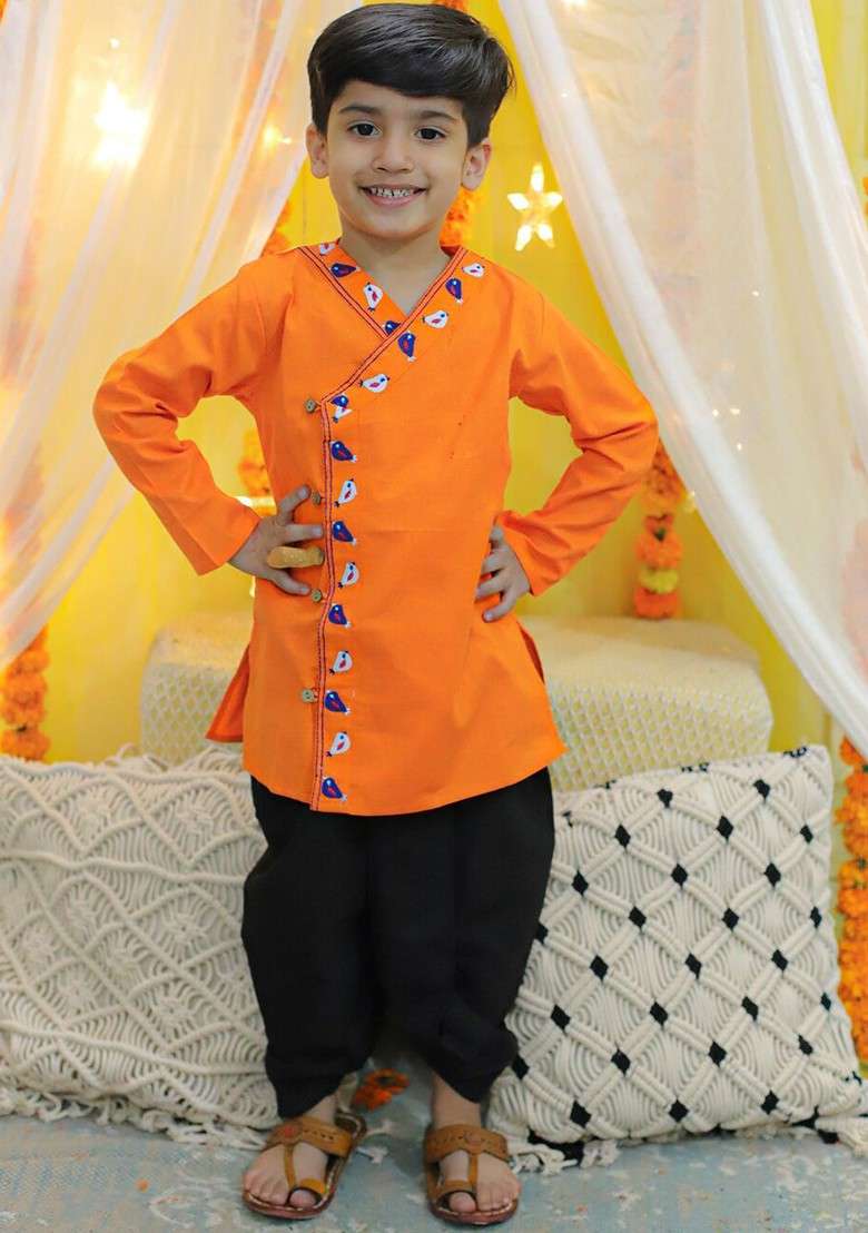 Orange Thread Work Cotton Kurta Dhoti Set For Boys - Indya