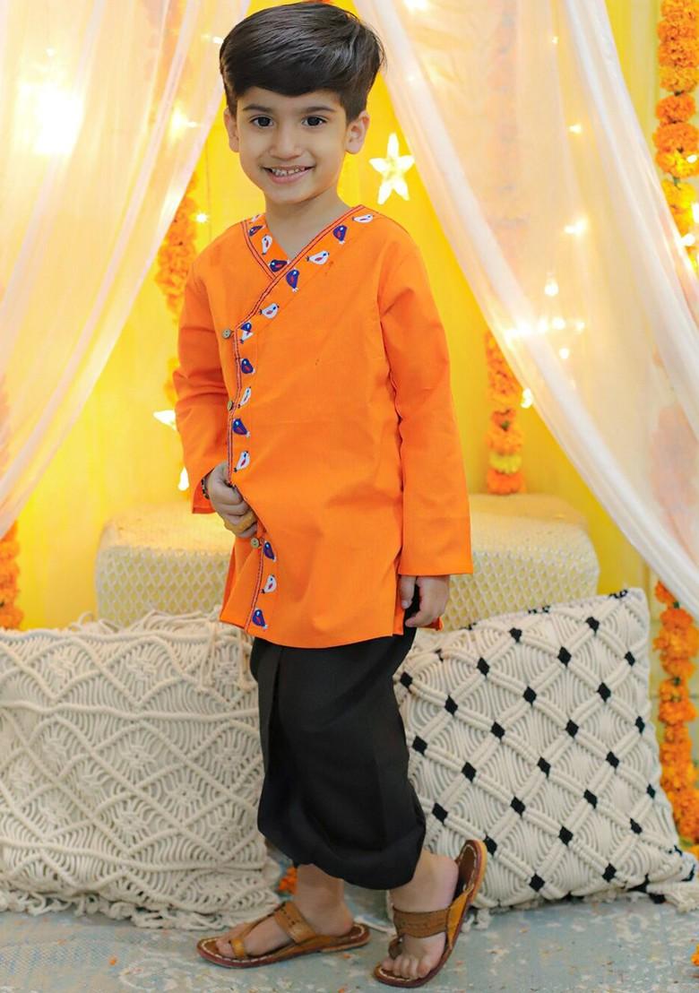Orange Thread Work Cotton Kurta Dhoti Set For Boys - Indya