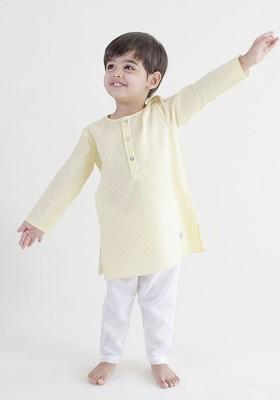 Yellow Striped Cotton Kurta Set For Boys