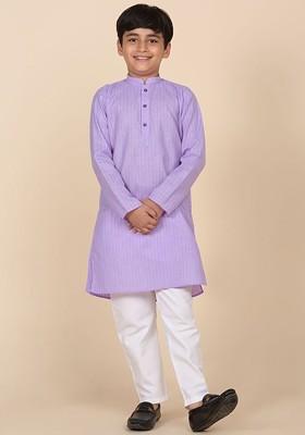 Purple Striped Blended Kurta Set For Boys