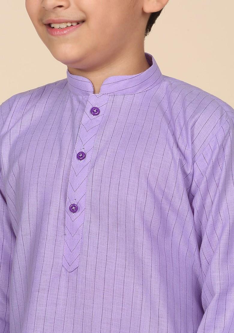Purple Striped Blended Kurta Set For Boys - Indya