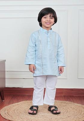 Blue Gotta Patti Work Cotton Kurta Set For Boys