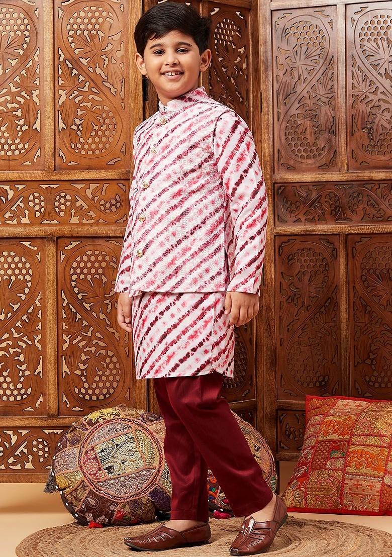 Maroon Printed Blended Kurta Set For Boys - Indya