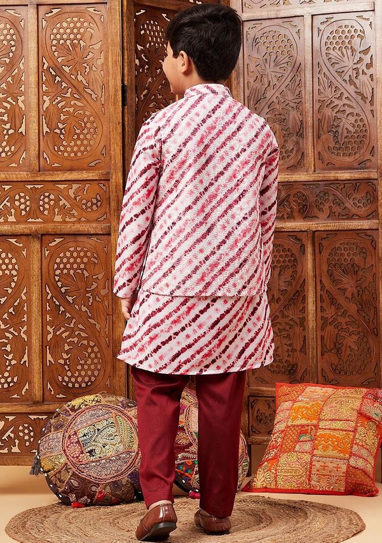 Maroon Printed Blended Kurta Set For Boys - Indya