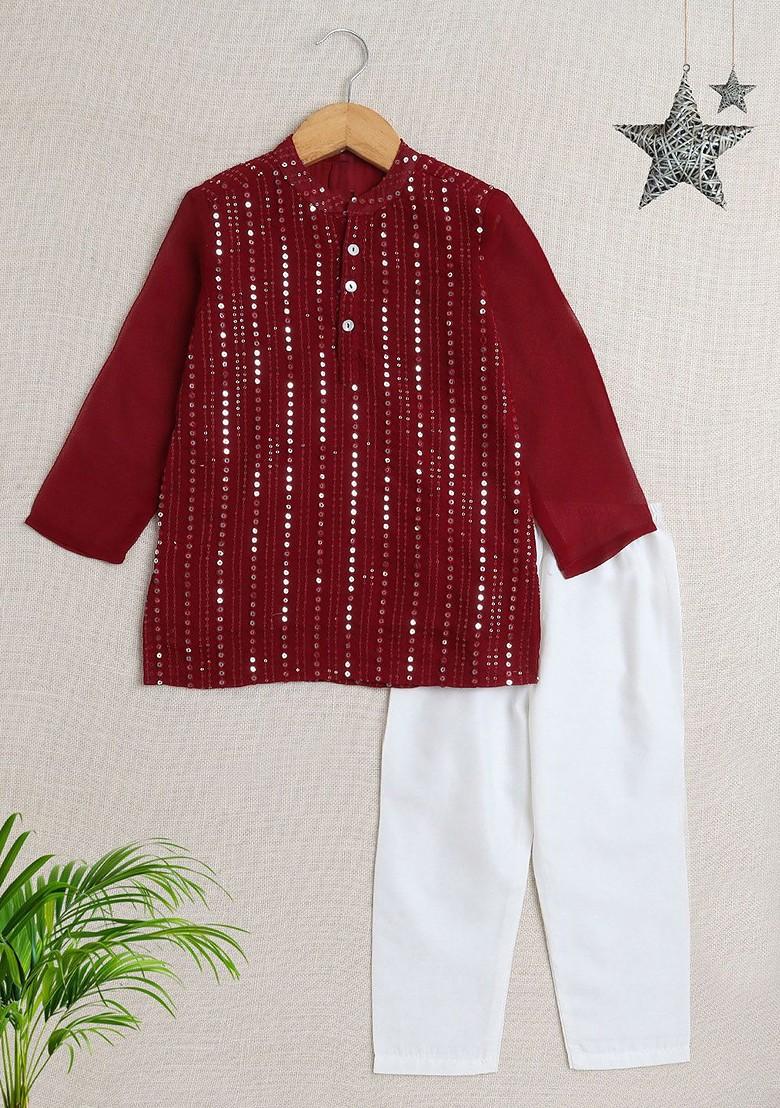 Maroon Embroidered Cotton Kurta Set For Boys - Indya
