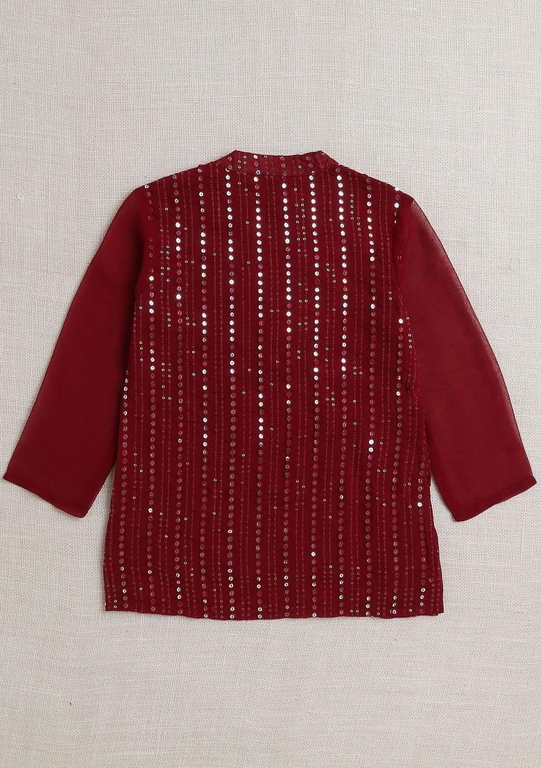 Maroon Embroidered Cotton Kurta Set For Boys - Indya