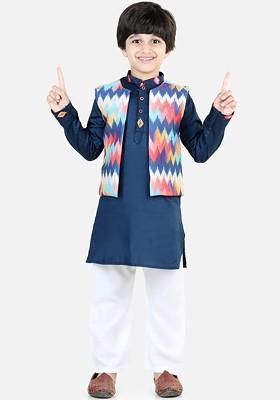 Blue Embroidered Cotton Nehru Jacket Set For Boys