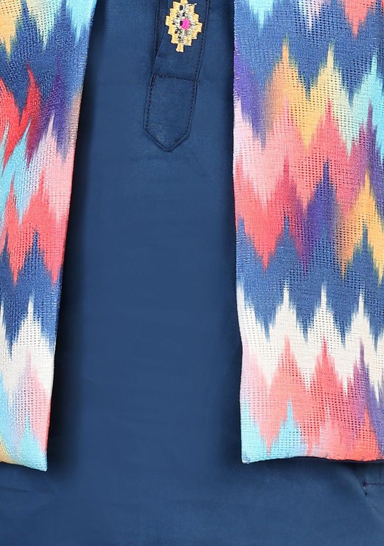 Blue Embroidered Cotton Nehru Jacket Set For Boys - Indya