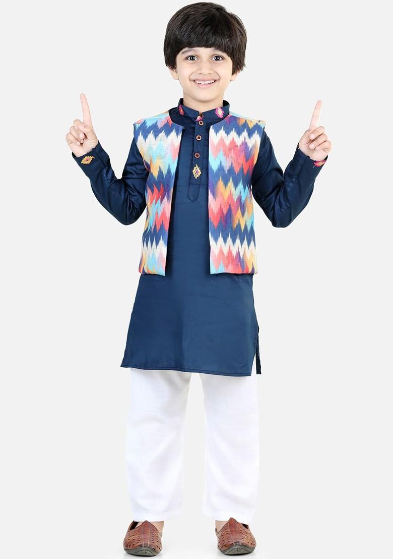 Blue Embroidered Cotton Nehru Jacket Set For Boys - Indya
