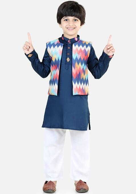 Blue Embroidered Cotton Nehru Jacket Set For Boys