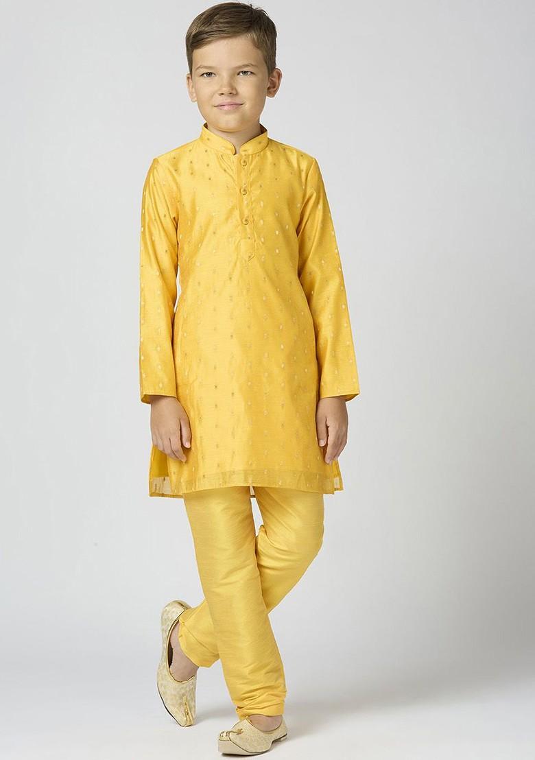 Yellow Woven Design Cotton Kurta Set For Boys - Indya