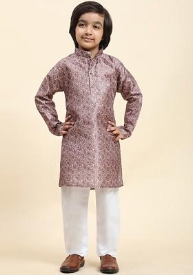 Pink Printed Blended Kurta Set For Boys