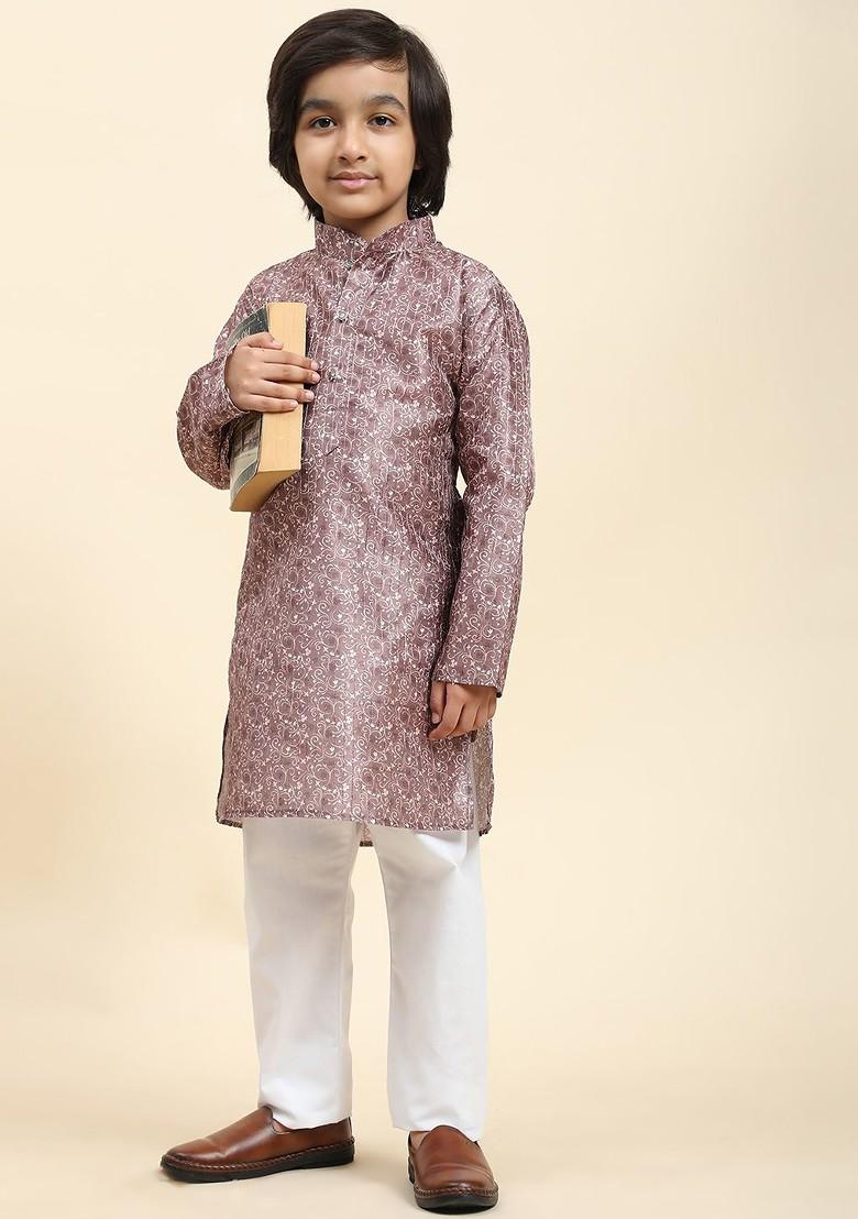 Pink Printed Blended Kurta Set For Boys - Indya