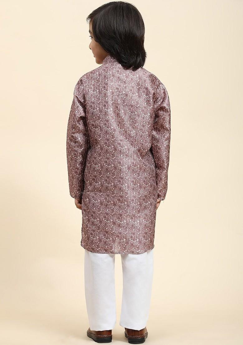Pink Printed Blended Kurta Set For Boys - Indya