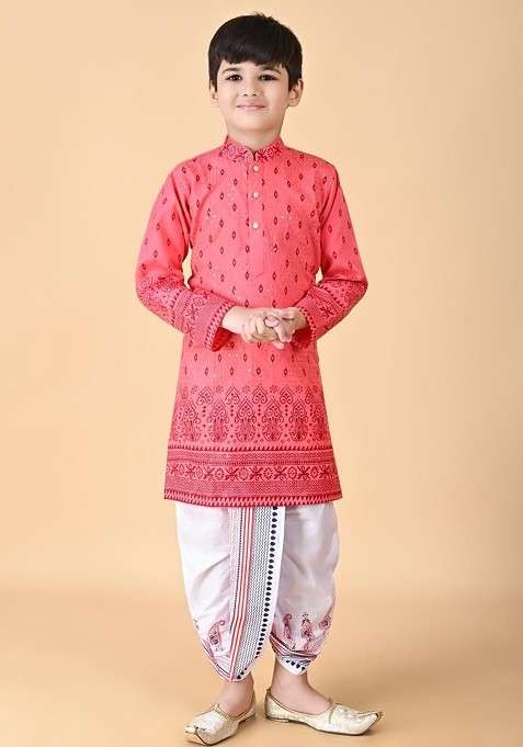 Orange Embroidered Blended Kurta Set For Boys