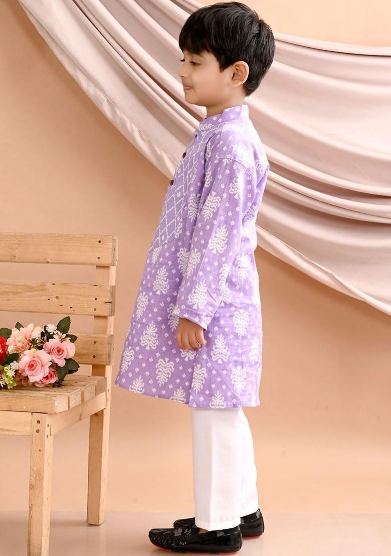 Purple Printed Cotton Kurta Set For Boys - Indya