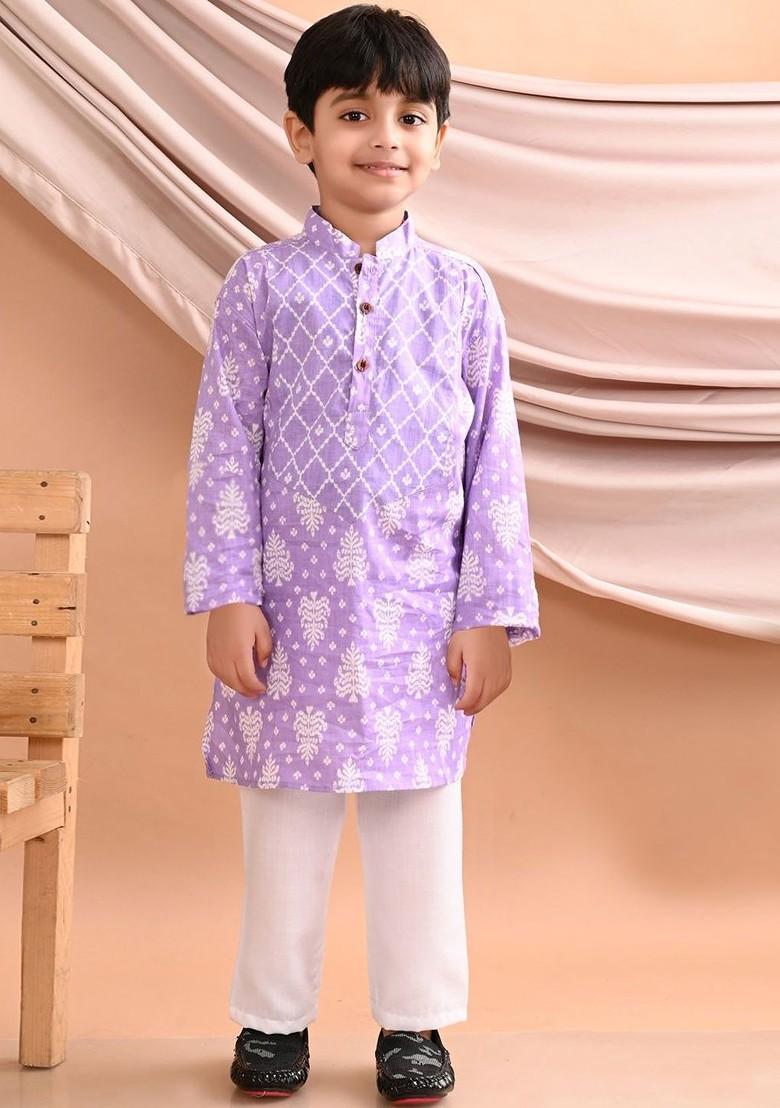 Purple Printed Cotton Kurta Set For Boys - Indya