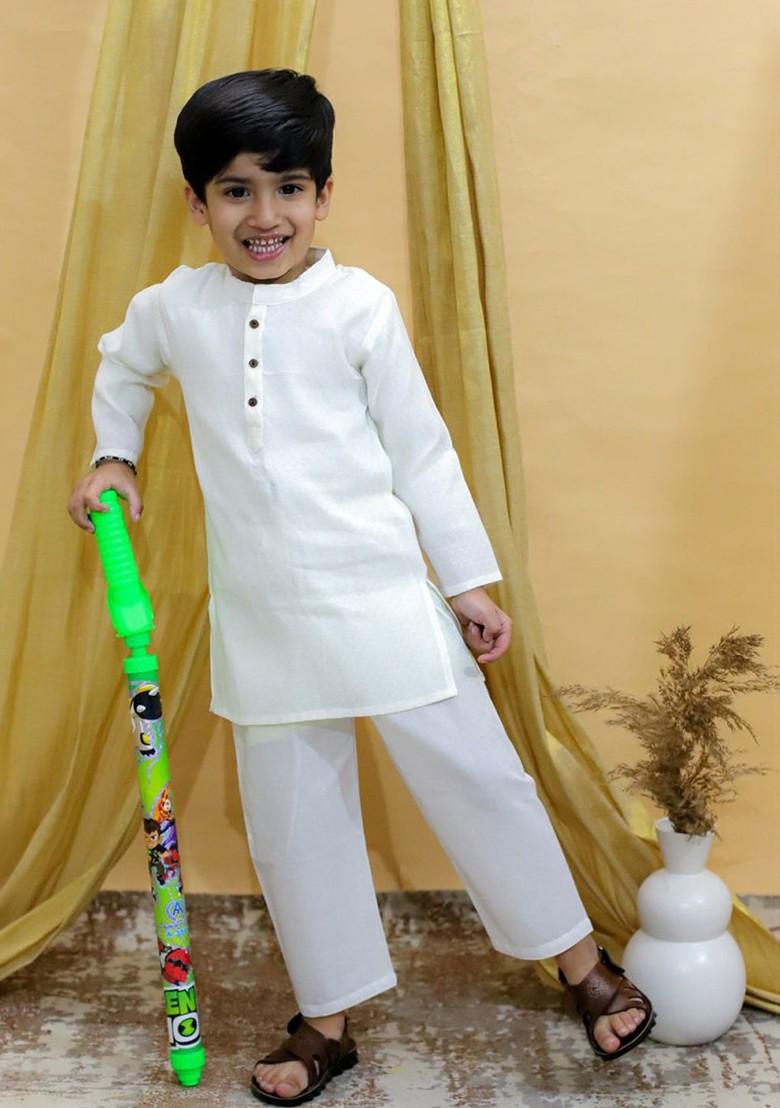 White Embroidered Cotton Kurta Set For Boys - Indya