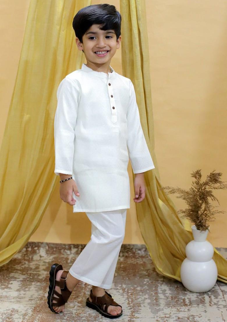 White Embroidered Cotton Kurta Set For Boys - Indya