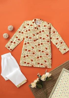 Beige Printed Cotton Kurta Set For Boys