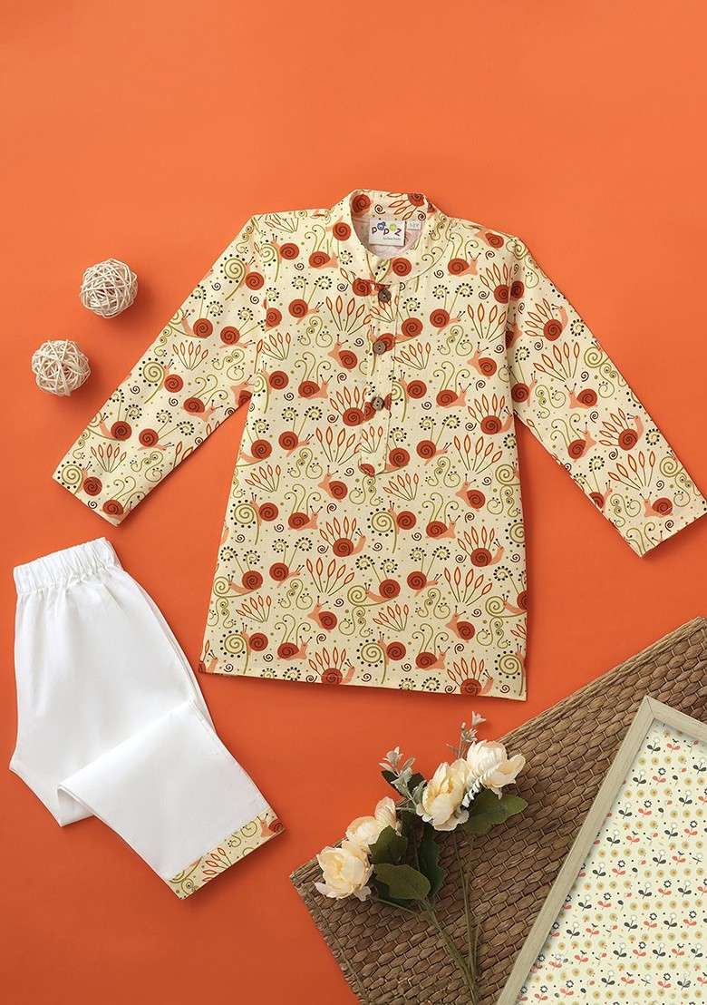 Beige Printed Cotton Kurta Set For Boys - Indya
