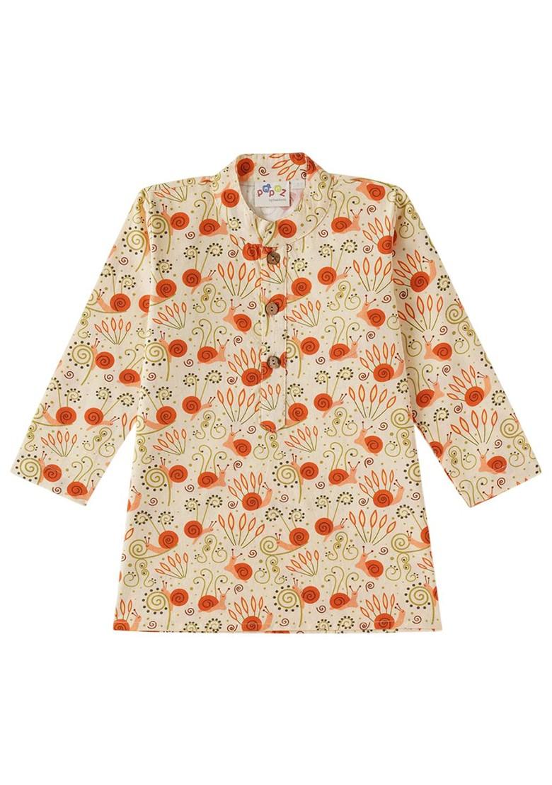 Beige Printed Cotton Kurta Set For Boys - Indya
