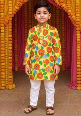 Yellow Printed Cotton Kurta Set For Boys
