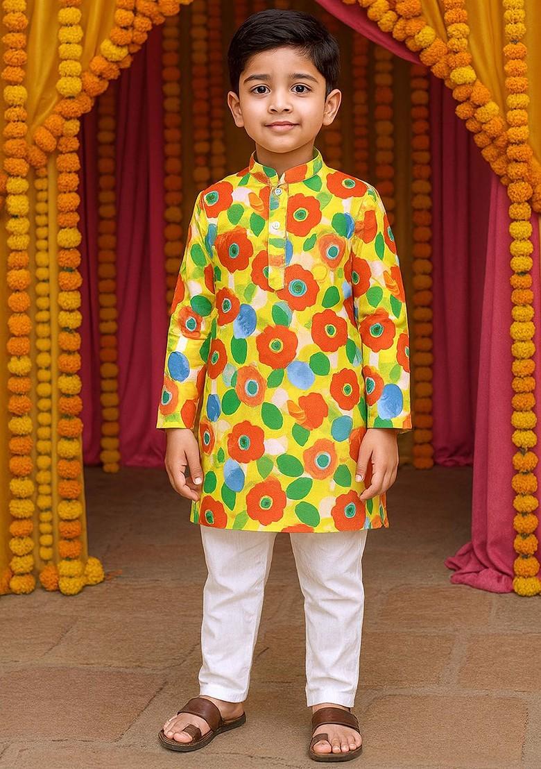 Yellow Printed Cotton Kurta Set For Boys - Indya