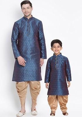 Blue Embroidered Blended Kurta Dhoti Set For Boys