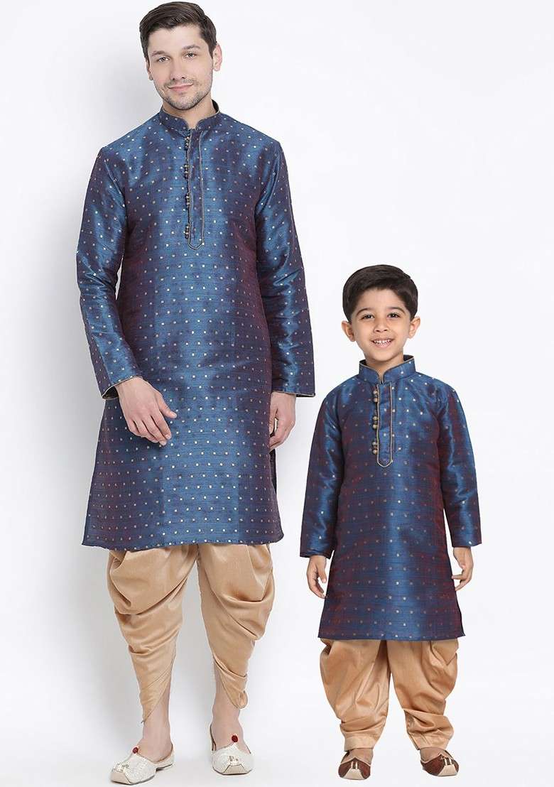 Blue Embroidered Blended Kurta Dhoti Set For Boys - Indya