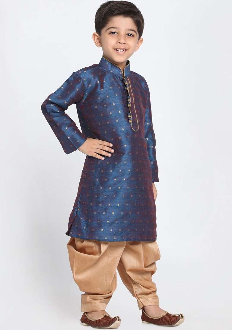 Blue Embroidered Blended Kurta Dhoti Set For Boys - Indya